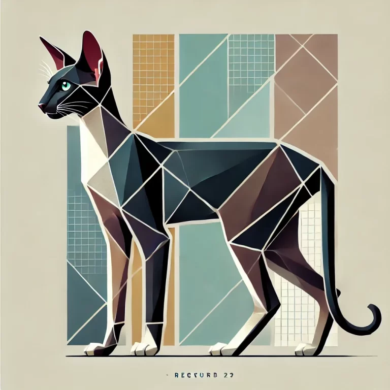 Geometrisk illustrasjon av Orientalsk Korthår med slanke linjer, store ører og grønne øyne, vist i sideprofil mot en stilisert bakgrunn