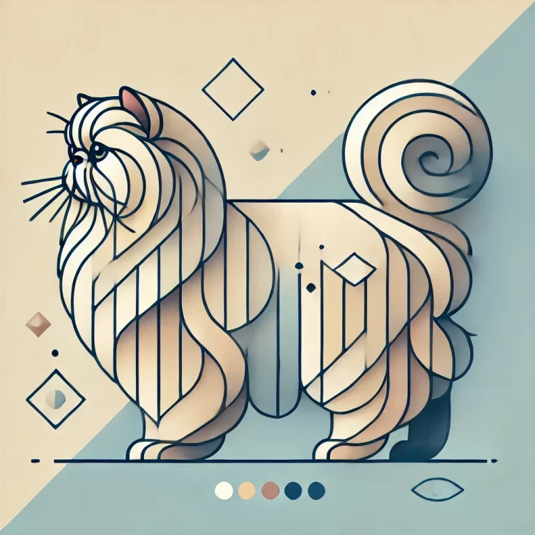 Geometrisk illustrasjon av perser-katt, elegant og flott pels, typisk flat snute, kraftig kropp og buskete hale, katterase-artikkel