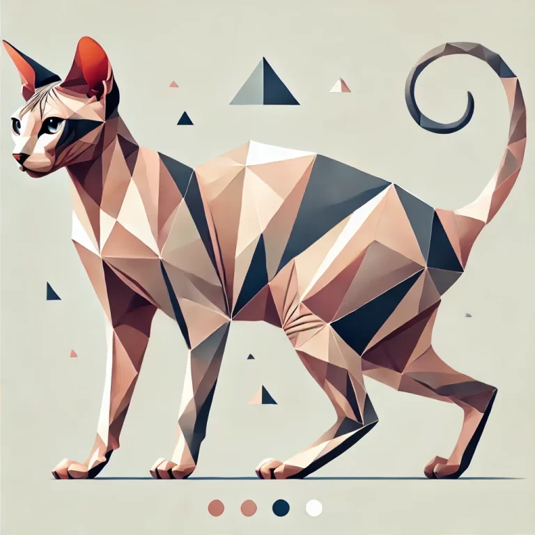 Geometrisk illustrasjon av Peterbald-katt i sideprofil, viser særegne trekk som stor ører, slank kropp og buet hale, i pastellfarger
