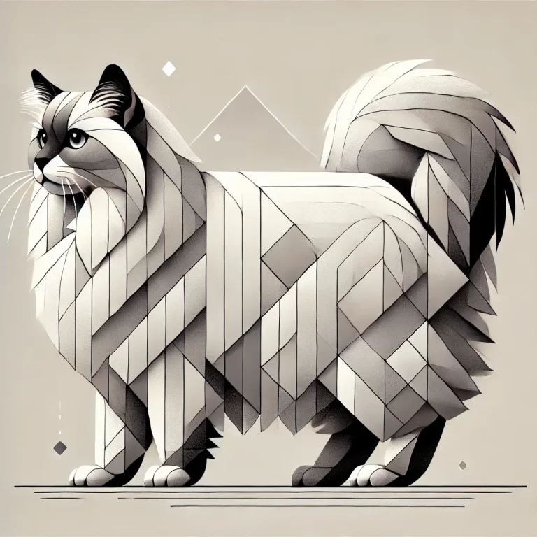 Geometrisk illustrasjon av Ragamuffin-katt i sideprofil, viser dens karakteristiske lange pels, kraftige kropp og buskete hale i en moderne, stilisert design