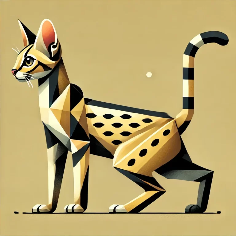 Geometrisk illustrasjon av Savannah-katt, viser rasens unike trekk: lange ben, store ører og flekkete pels