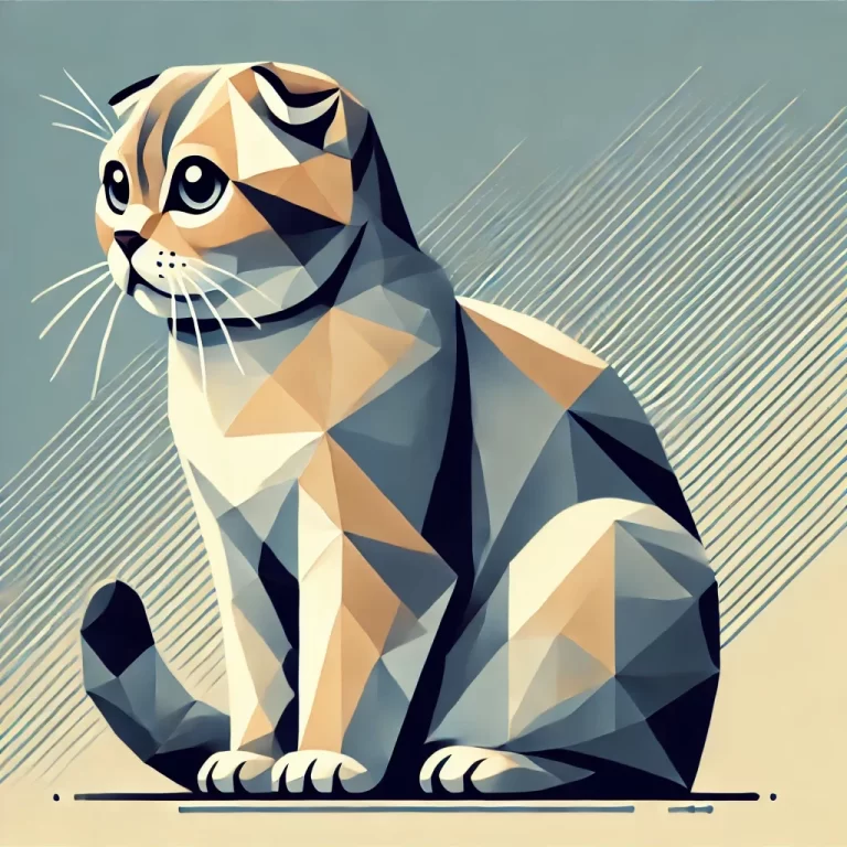 Geometrisk illustrasjon av Scottish Fold katt, fremhever rasens karakteristiske foldede ører og runde ansikt