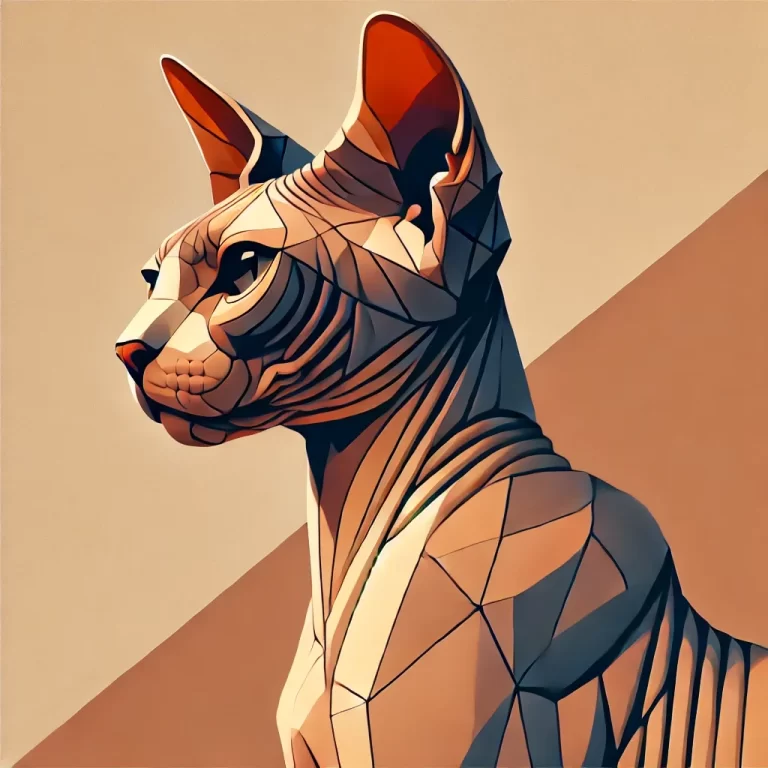 Geometrisk illustrasjon av Sphynx-katt i profil, viser hårløs hud og store ører, karakteristisk for rasen