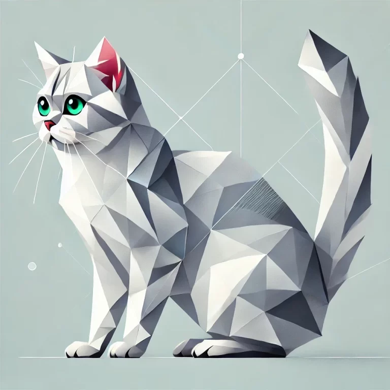 Geometrisk illustrasjon av Burmilla-katt: sølvgrå pels, grønne øyne, elegant kroppsbygning, sideperspektiv