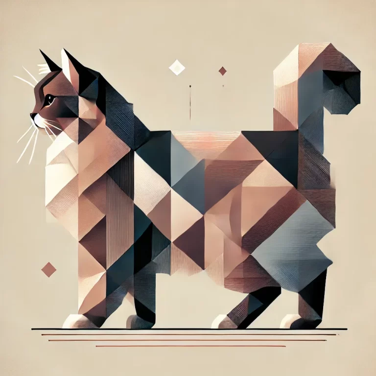 Geometrisk illustrasjon av Cymric-katt i sideprofil, viser kattens karakteristiske form uten hale, lang pels og muskuløs kropp i moderne, kubistisk stil