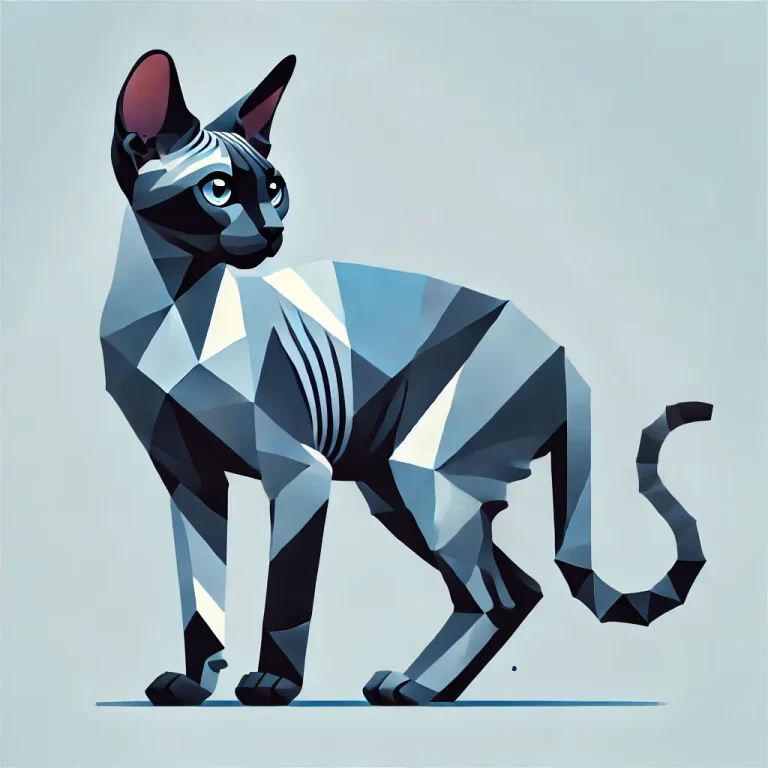 Geometrisk illustrasjon av en elegant German Rex katt i sideprofil, som viser rasens karakteristiske trekk med kort, krøllete pels og slanke kropp
