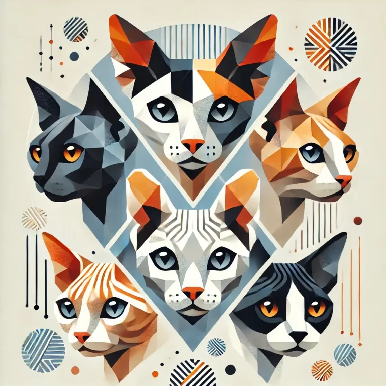 Geometrisk illustrasjon av fem Rex-katteraser: fargerike, stiliserte kattehoder med distinkte trekk, omgitt av abstrakte mønstre som representerer krøllete pels og katteleker.