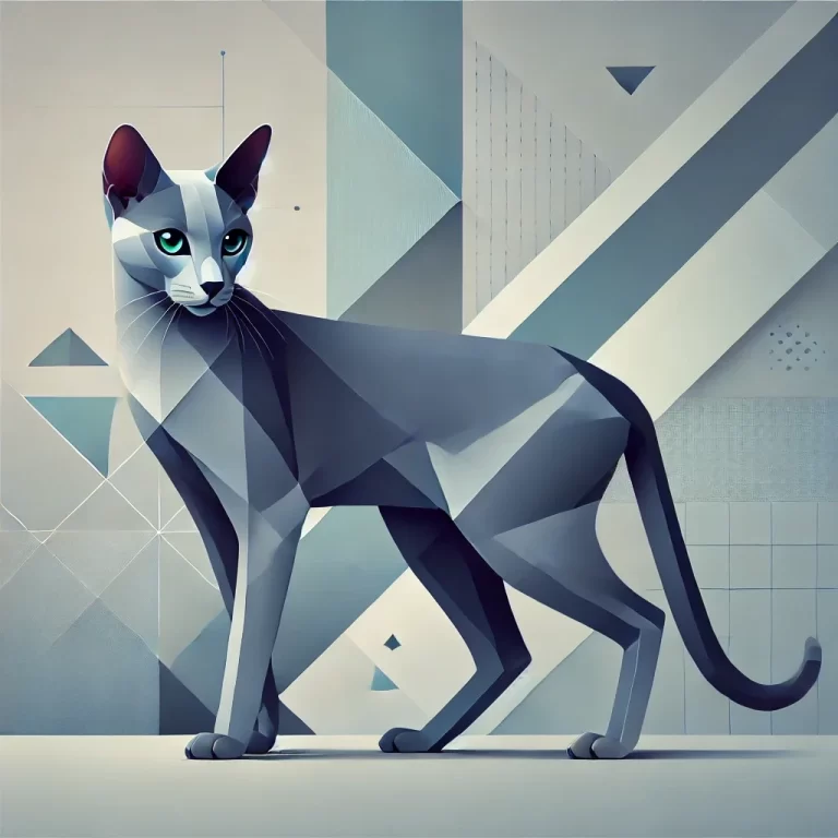 Geometrisk illustrasjon av Russian Blue-katt, viser dens slanke kropp, blågrå pels og slående grønne øyne mot en abstrakt bakgrunn, fremhever rasens elegante trekk