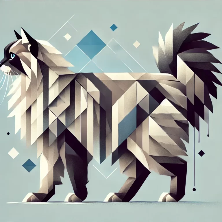 Sibirsk katt geometrisk illustrasjon: Majestetisk langpelset katt i sideprofil, fremhever rasens kraftige kropp og tykke pels