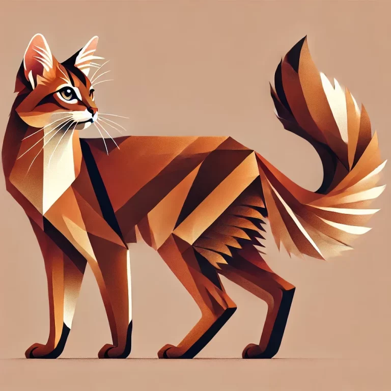 Geometrisk illustrasjon av Somali-katt i profil, viser karakteristisk lang pels, busket hale og store ører i varme rustrøde fargetoner