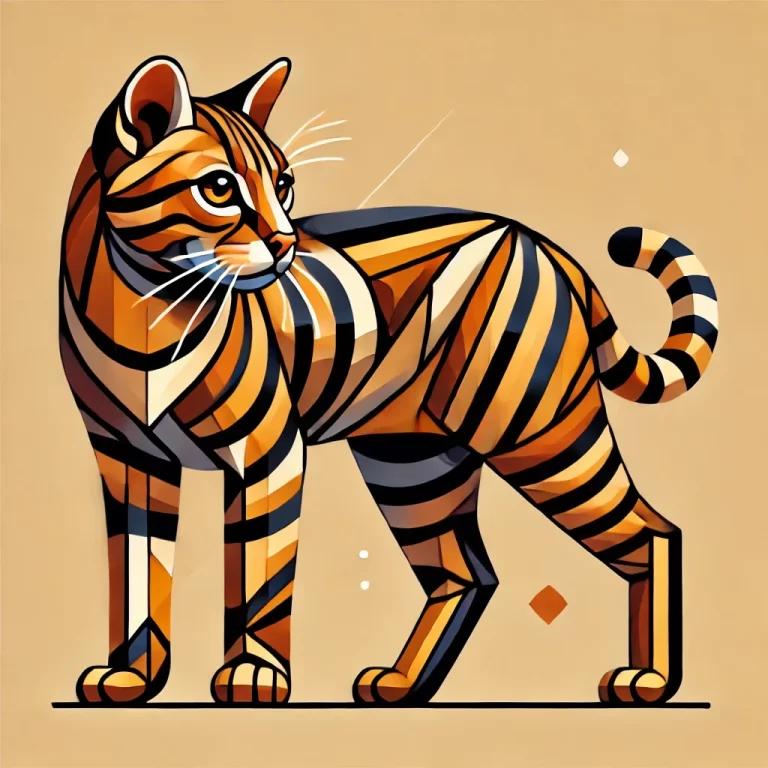 Geometrisk illustrasjon av en Toyger-katt i sideprofil, som viser dens karakteristiske tigerstriper og muskuløse kropp, perfekt for å demonstrere rasens unike utseende