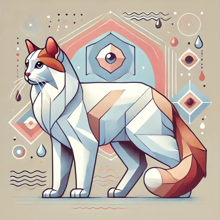 Geometrisk illustrasjon av Tyrkisk Van-katt: hvit pels med røde markeringer, side-perspektiv, vanndråper symboliserer svømmeferdigheter